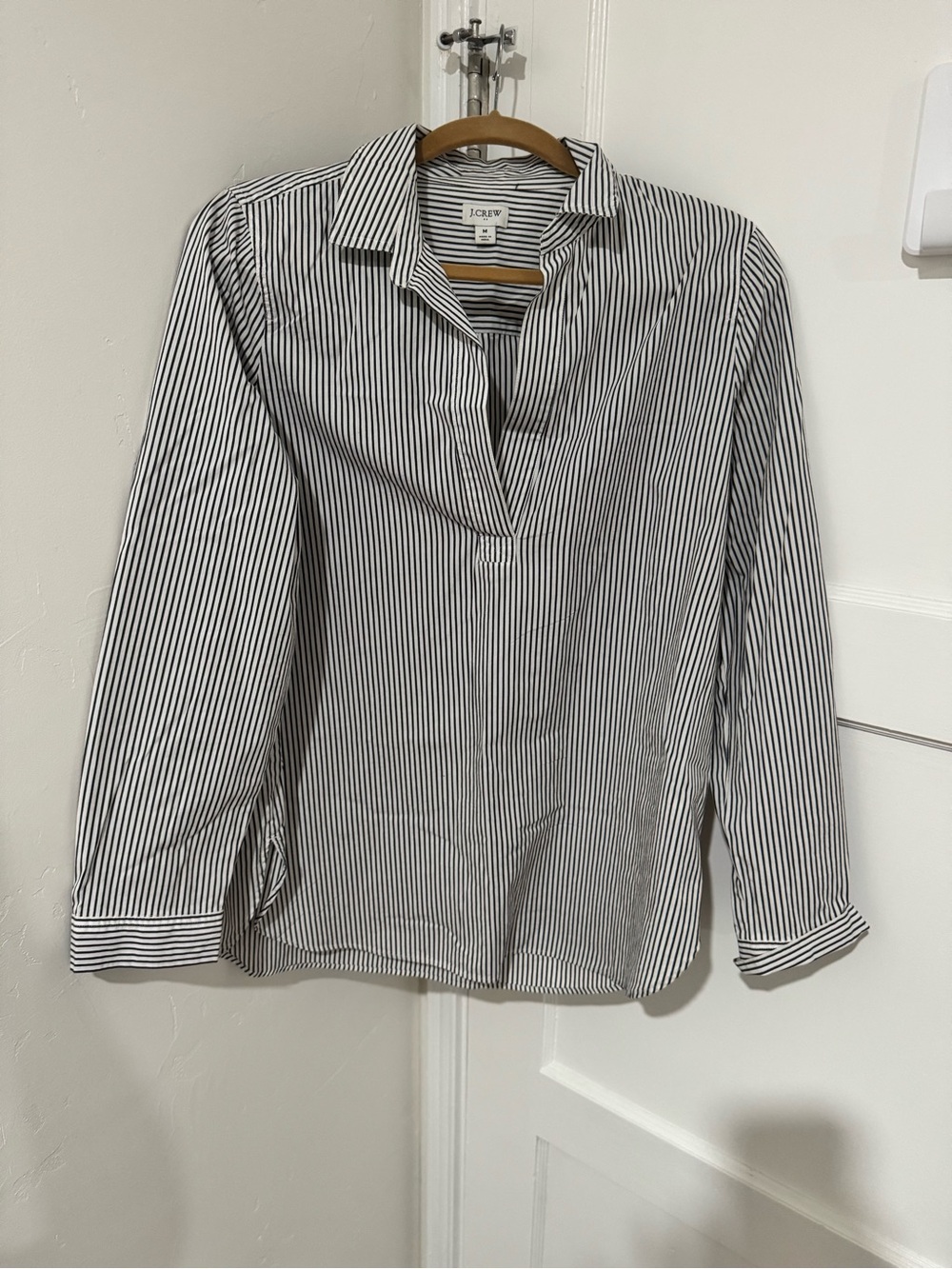 Woman’s J. Crew Black and White Striped Collared Pull-Over Shirt
